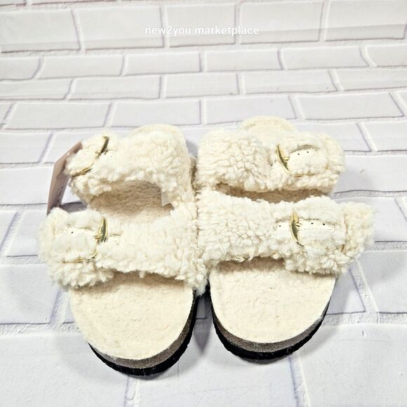 New Womens Auden Faux Fur Tan Open Toe Slippers Size 8 Color cream warm sandal - Picture 6 of 10